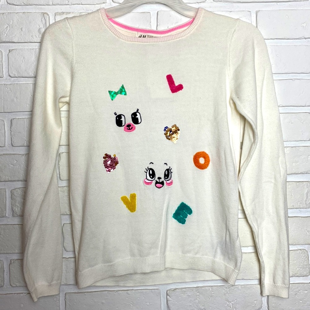 Girls white sweater with LOVE and other embroidery, size 8-10